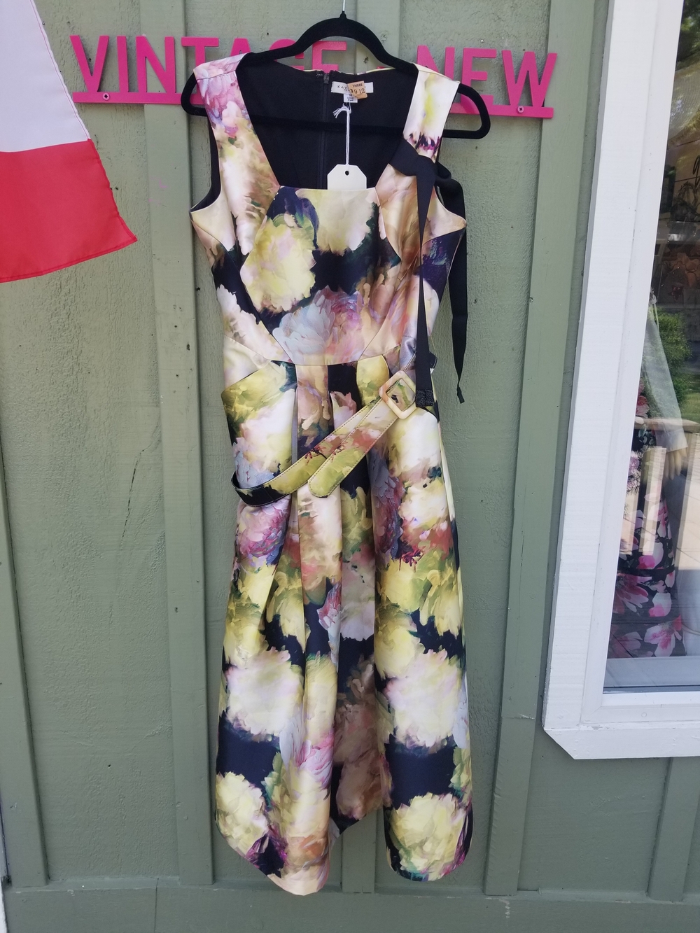 Kay Unger Floral Satin Fit-and-Flare Dress in Yellow, Black and Pink